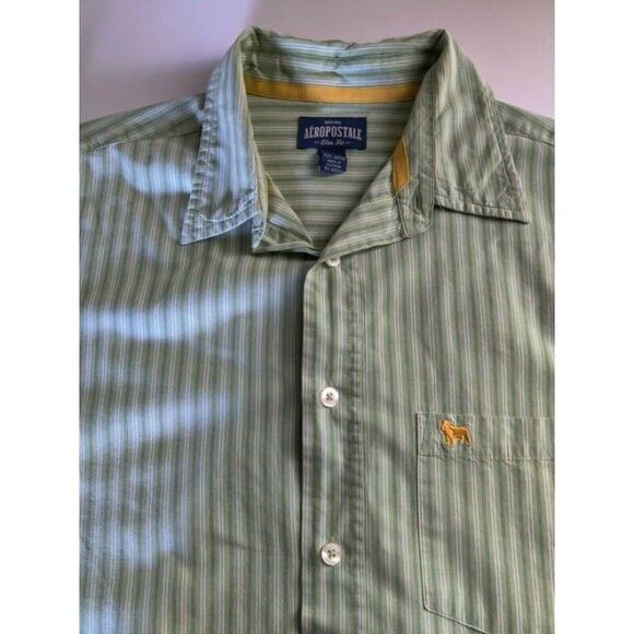 Aeropostale Mens Button Front Shirt Slim Fit Green Long Sleeve Striped Sz Small - Picture 4 of 10